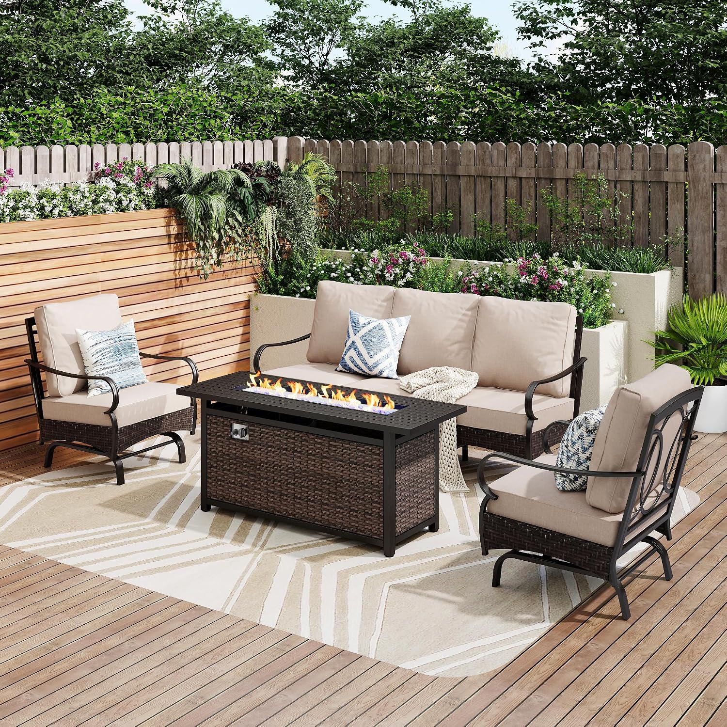 Patio Furniture Set with 56' Fire Pit Table, Premium Outdoor Wicker Metal Frame Furniture with Upgraded Waterproof Thick Cushions for Porch, Poolside, Deck, and Yard （4 Pieces,Beige）