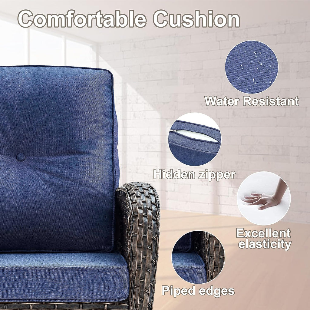 Belord Patio Furniture Swivel Glider PE Wicker Chairs, Outdoor Swivel Rocker Seating with Cushions for Porch Deck Balcony, Brown Wicker Blue Cushion