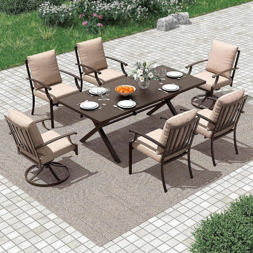 Gotland 7 Piece Outdoor Dining Set, Metal Outdoor Table and Swivel Chairs with X-Shaped Legs 1.5' Umbrella Hole, Patio Furniture Set with Waterproof Cushions, Patio Dining Sets for Backyard Deck Khaki