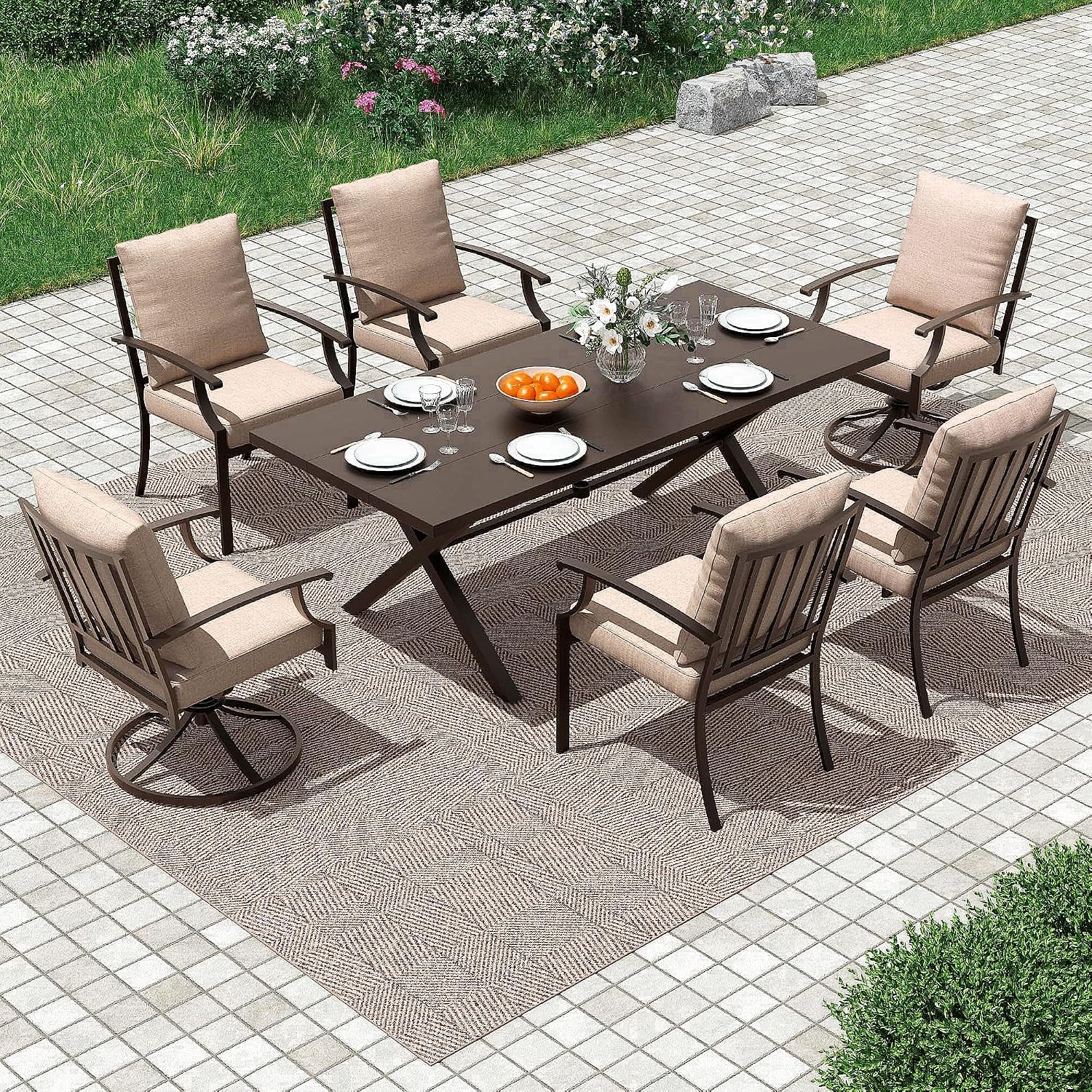 Gotland 7 Piece Outdoor Dining Set, Metal Outdoor Table and Swivel Chairs with X-Shaped Legs 1.5' Umbrella Hole, Patio Furniture Set with Waterproof Cushions, Patio Dining Sets for Backyard Deck Khaki