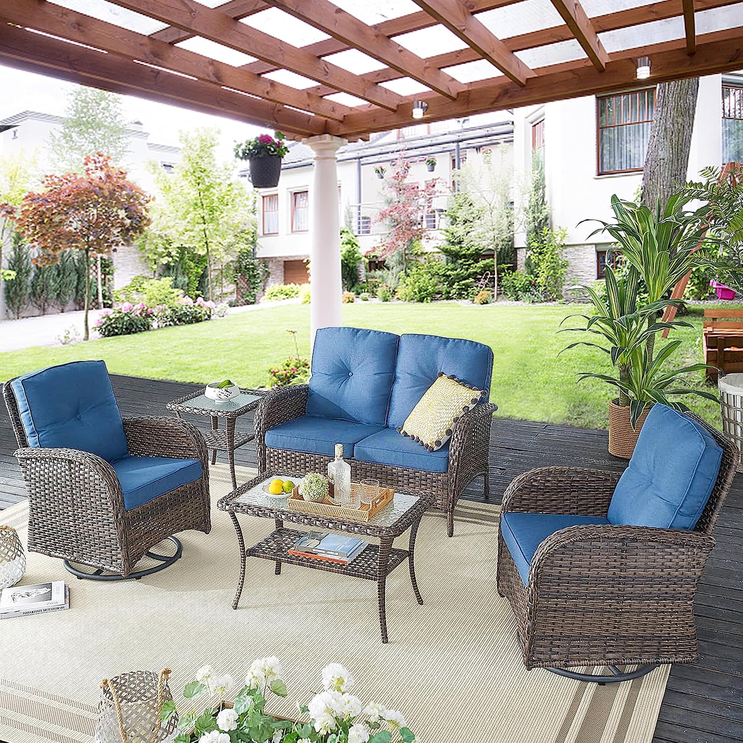 Belord Patio Furniture Swivel Glider PE Wicker Chairs, Outdoor Swivel Rocker Seating with Cushions for Porch Deck Balcony, Brown Wicker Blue Cushion