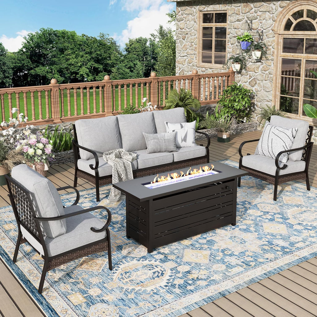 MIXPATIO Patio Furniture Set with Fire Pit Table, 4 PCS Metal Outdoor Conversation Set with 5.75'' Extra Thick Cushion, 2 Chairs, 3-Seat Sofa and Gas Fire Pit Table, Light Grey