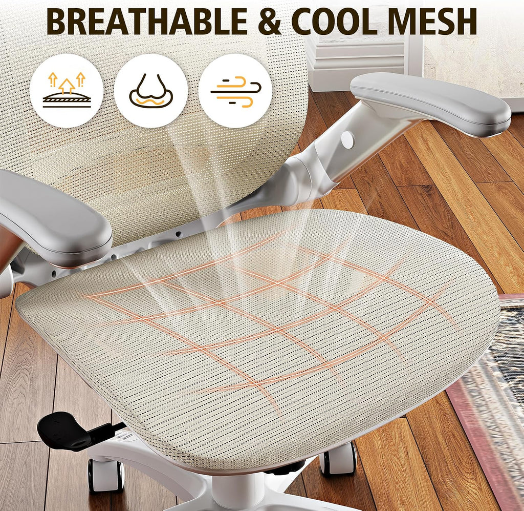 GABRYLLY Ergonomic Office Chair, High Back Home Desk Chair with Headrest, Flip-Up Arms, 90-120° Tilt Lock and Wide Cushion, 300LBS Mesh Chairs for Man Woman, White Task Chair(Beige,GY01WBG)