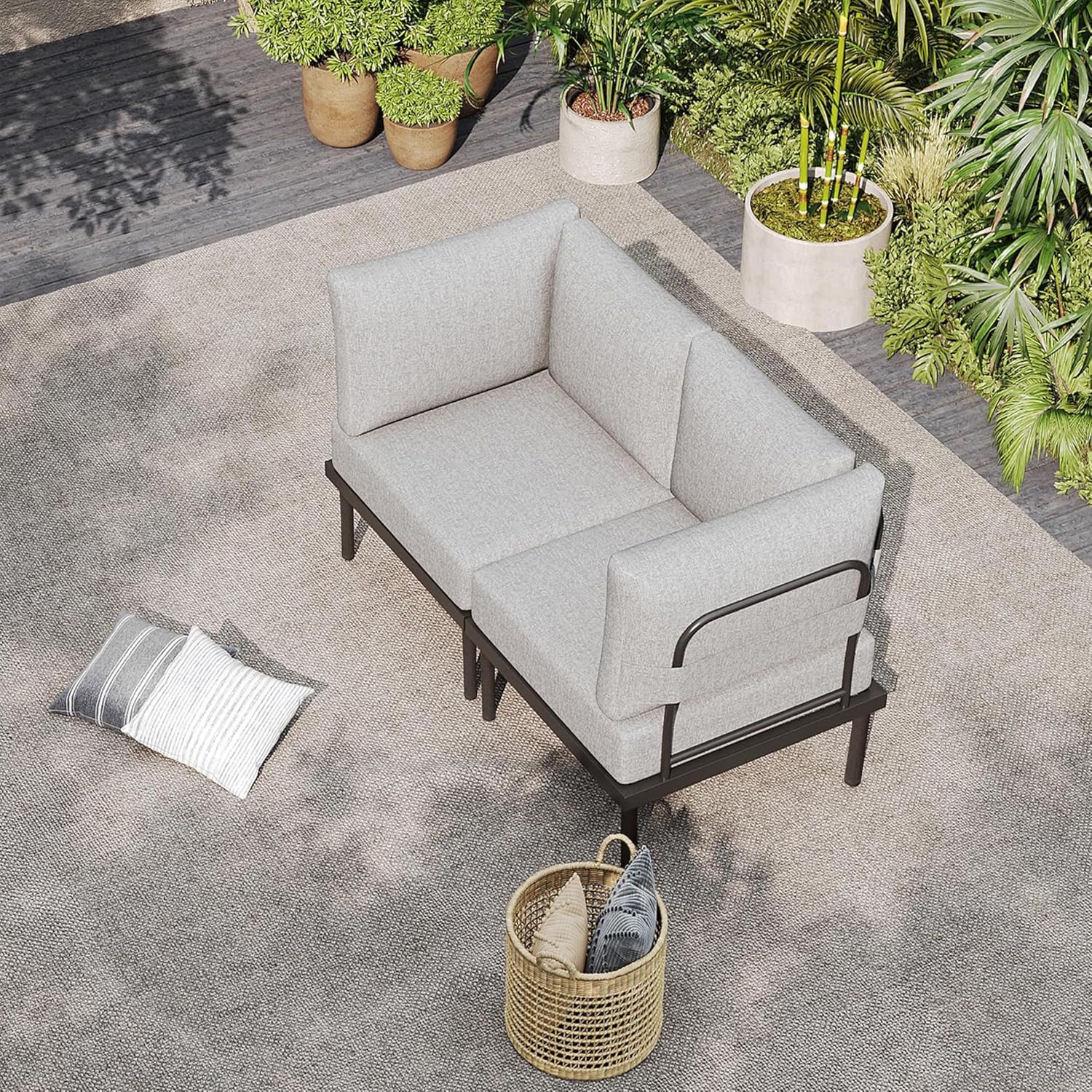 Sundale Outdoor 2 Pieces Metal Patio Furniture Set, Outdoor Sectional Sofa w/6 Inch Olefin Cushion, Modern Outdoor Conversation Sets for Porch, Balcony