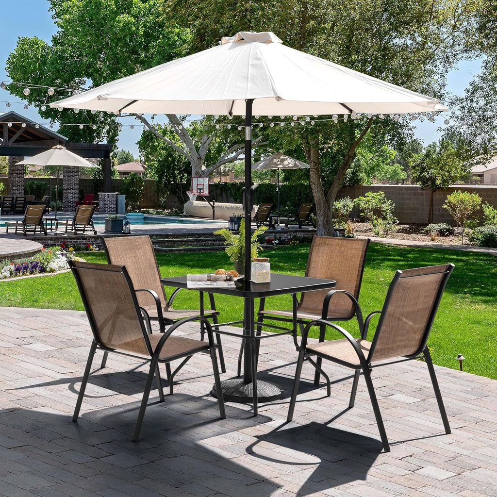 NUU GARDEN 5 PCS Patio Dining Set, Metal Outdoor Table and Chairs, with 4 Stackable Chairs and 31.5'' Square Table with Umbrella Hole, Outdoor Dining Set for Lawn, Balcony, Garden, Black and Brown