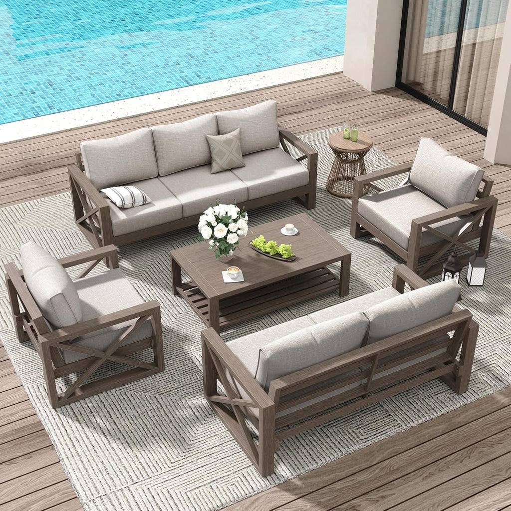 Amopatio Aluminum Patio Furniture Set, 8 Pieces Modern Metal Outdoor Furniture, Faux Wood Grain Finish Frame Patio Sofa Sets with 6' Cushion for Backyard, Beige (Included Waterproof Covers)