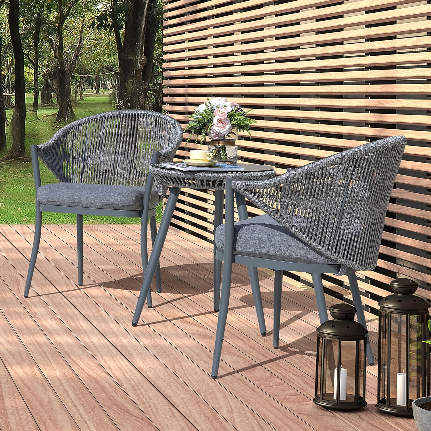 NUU GARDEN 3 Piece Outdoor Bistro Set, Woven Rope Conversation Patio Set, All Weather Aluminum Patio Furniture Chairs and Table with Cushions for Garden, Deck, Backyard, Gray