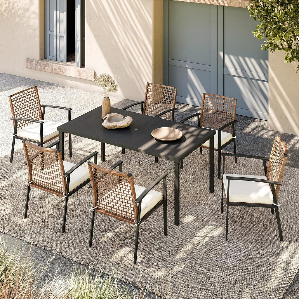 LAUSAINT HOME 7 Pieces Patio Dining Set, Outdoor Furniture Set of 6 Chairs with Soft Cushion and Iron Slats Table Top with Umbrella Hole, Conversation Set for Backyard, Garden and Poolside