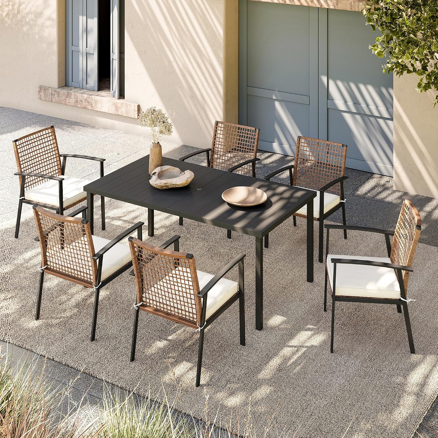 LAUSAINT HOME 7 Pieces Patio Dining Set, Outdoor Furniture Set of 6 Chairs with Soft Cushion and Iron Slats Table Top with Umbrella Hole, Conversation Set for Backyard, Garden and Poolside