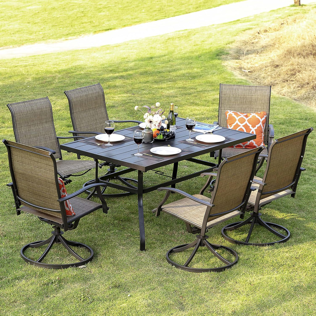 NUU GARDEN 7 Piece Outdoor Dining Set, 6 Swivel Patio Chairs and 1 Dining Table with 1.57 Inch Umbrella Hole, Iron Patio Furniture Set for Lawn Backyard Balcony, Black and Brown