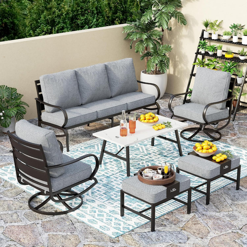 PHI VILLA 6 Piece Patio Furniture Sets with 1 x 3-Seat Deep Seating Bench, 2 x Cushioned Swivel Sofa Chairs, 1 x Coffee Table & 2 Ottoman, Outdoor Metal Conversation Set for Lawn Garden Yard,Grey