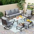 PHI VILLA 6 Piece Patio Furniture Sets with 1 x 3-Seat Deep Seating Bench, 2 x Cushioned Swivel Sofa Chairs, 1 x Coffee Table & 2 Ottoman, Outdoor Metal Conversation Set for Lawn Garden Yard,Grey