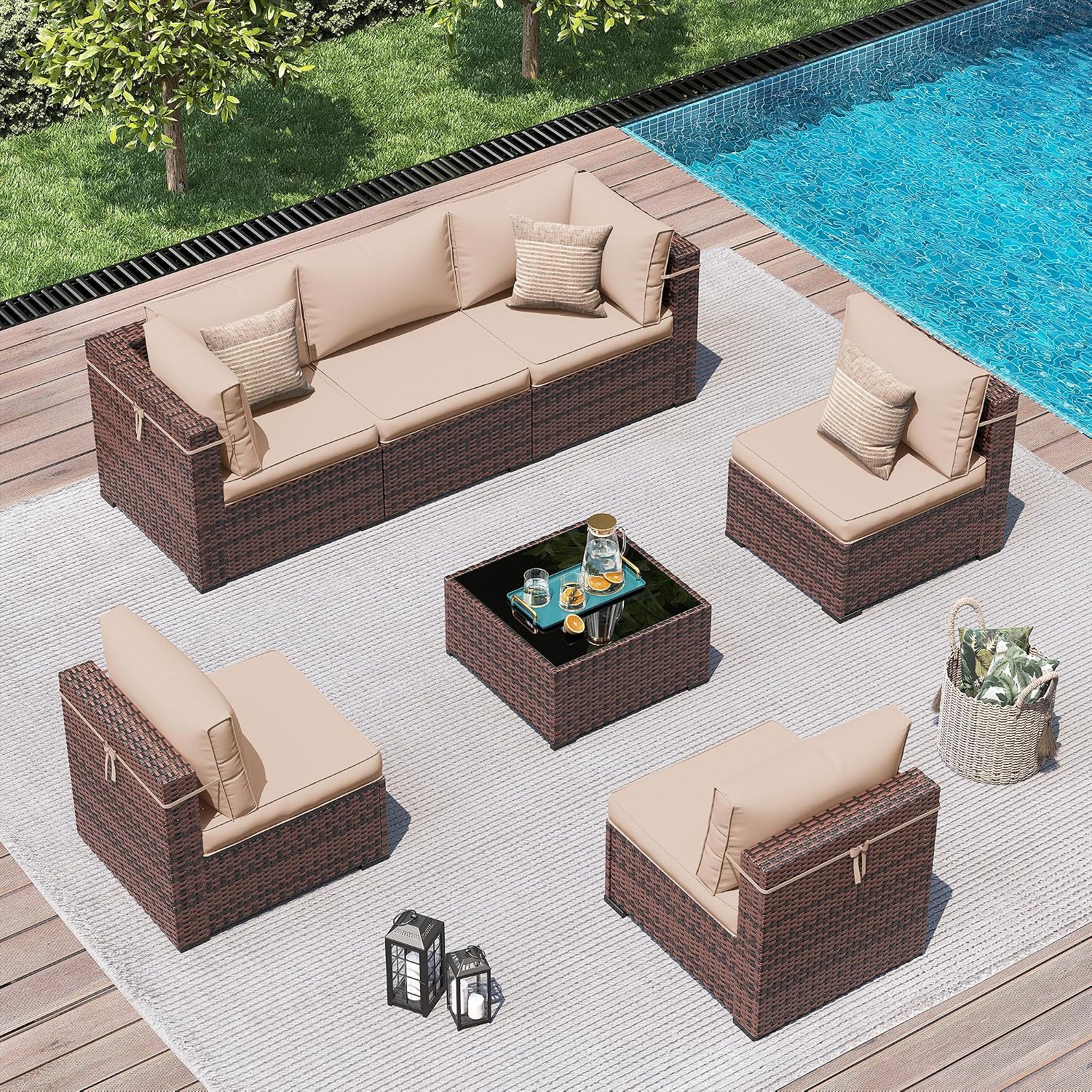 Amopatio Outdoor Patio Furniture Set 7 Pieces Patio Conversation Set Sectional Couch Sofa with All-Weather Cover, Glass Table & Thicken Cushion Fits Garden Yard Porch
