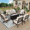 MIXPATIO Patio Furniture Set with Fire Pit Table, Metal Outdoor Conversation Set with 5.75'' Extra Thick Cushion, 2 Swivel Chairs, 2 Leg Chairs, 3-Seat Sofa and Gas Fire Pit Table, Beige