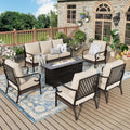 MIXPATIO Patio Furniture Set with Fire Pit Table, Metal Outdoor Conversation Set with 5.75'' Extra Thick Cushion, 4 Leg Chairs, 3-Seat Sofa and Gas Fire Pit Table, Beige