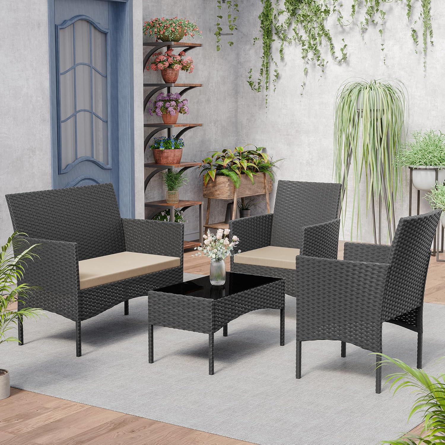Kurapika Patio Furniture Set 4 Pieces Outdoor Wicker Rattan Chairs Conversation Sets w/Coffee Table, Rocking Bistro Set, for Deck,Patio,Backyard,Lawn (Sand)