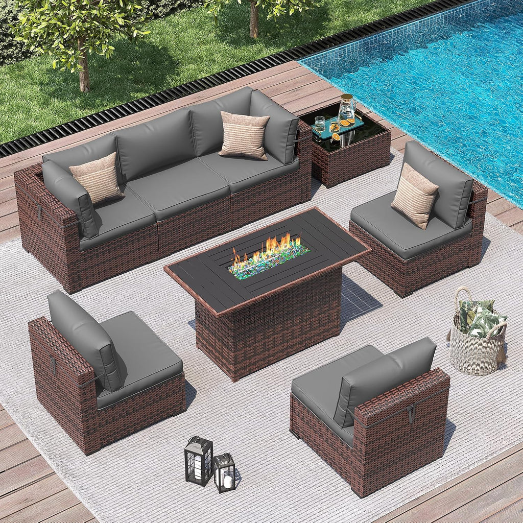 Amopatio 8 Pieces Patio Furniture Set with Fire Pit Table, Outdoor Sectional Conversation Sofa with Waterproof Cover, All-Weather Wicker for Garden, Backyard, Porch, Balcony(Dark Grey)