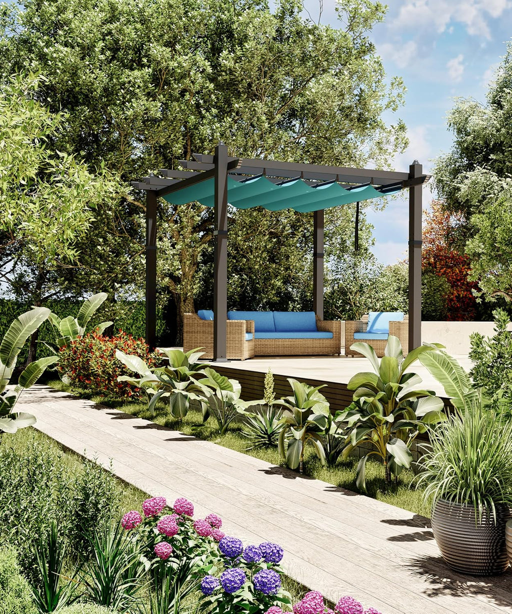 GAOMON 10x10 Ft Outdoor Pergola, Heavy-Duty Aluminum Patio Pergolas and Gazebos Clearance with Retractable Canopy Sun Shade, UV-Resistant Metal Pergola for Existing Deck, Backyard Garden Porch, Blue