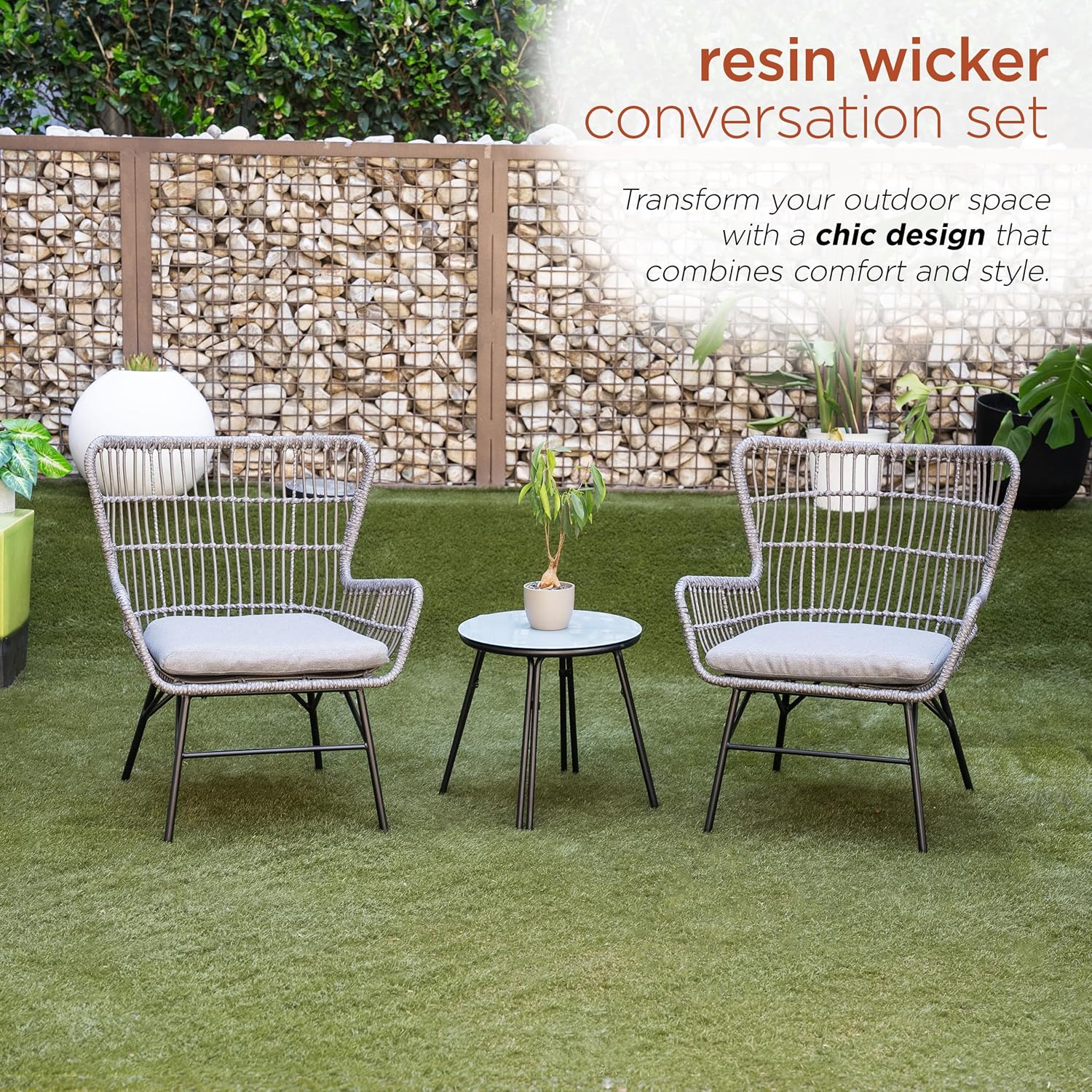 Alpine Corporation Patio Furniture 3 Pieces Outdoor Resin Wicker Conversation with Cushions Bistro Set for Patio & Deck, Gray