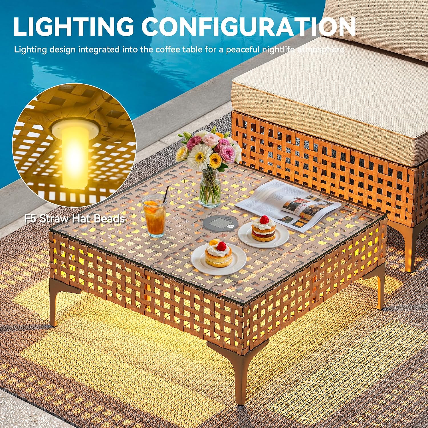 YITAHOME Wicker Patio Furniture Set 3 Pieces Outdoor Sectional Sofa with Solar Light Table Outdoor Couch with Waterproof Cushions All-Weather Rattan Patio Conversation Set for Indoor/Outdoor