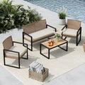 MFSTUDIO 4 Piece Wicker Patio Furniture Set, Small Patio Sofa with Loveseat & Chaise & Acacia Wood Table, Outdoor Sectional Couch with Wood Table, Beige