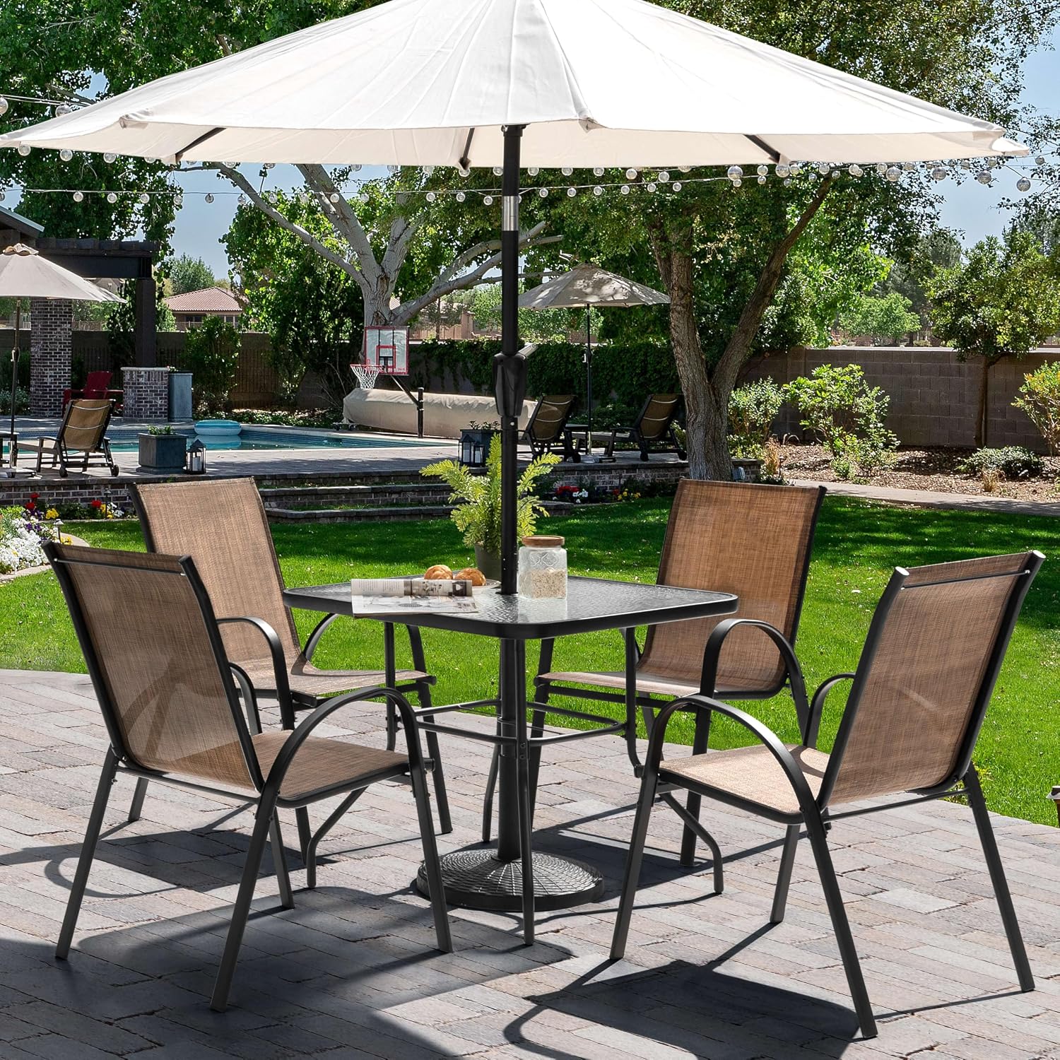 NUU GARDEN 5 Piece Outdoor Patio Dining Set, 32 Inch Square Tempered Glass Table with Umbrella Hole and 4 Textilene Chairs, Patio Furniture for Backyard Garden, Brown and Black