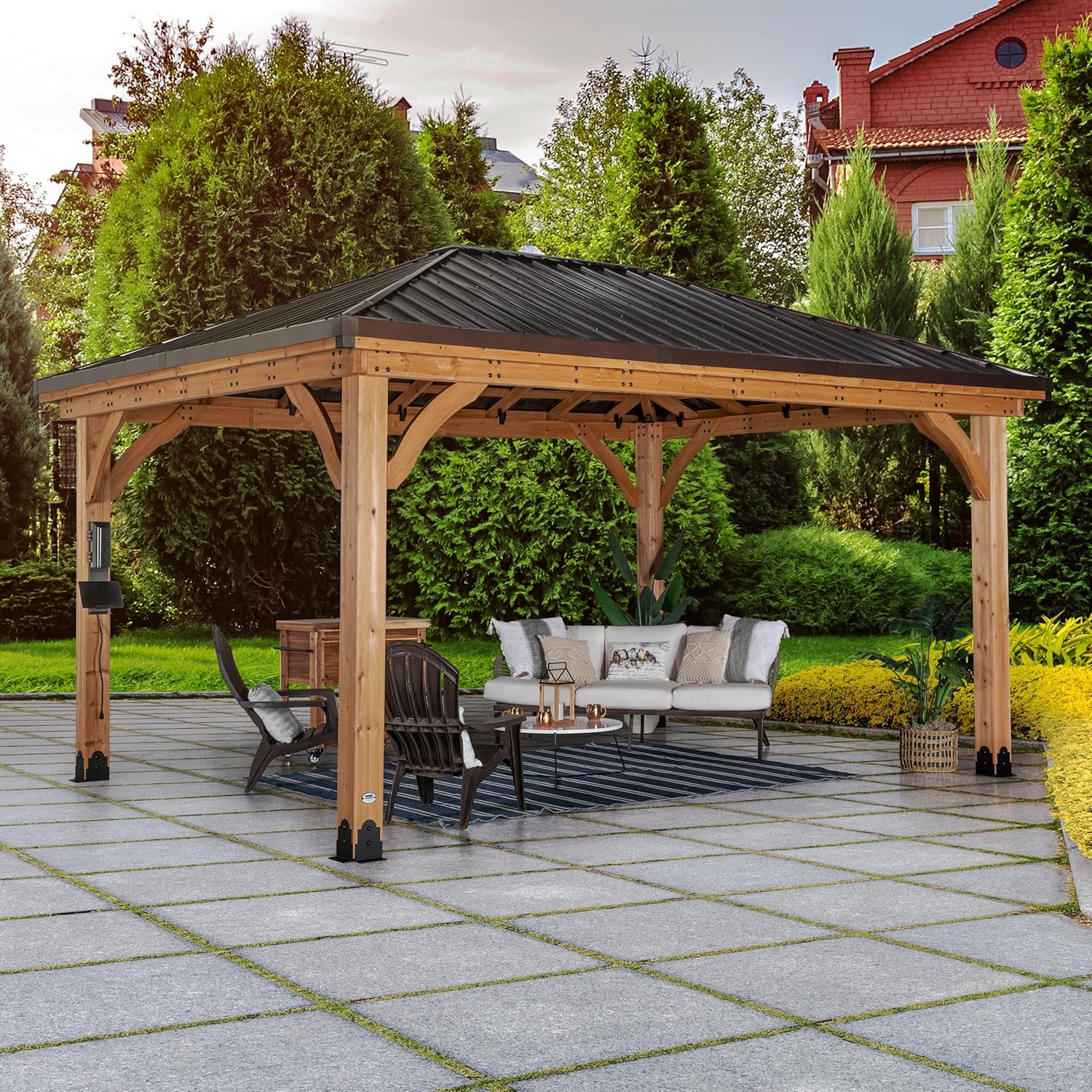 Backyard Discovery Barrington 16' x 12' Cedar Wood Outdoor Gazebo Pavilion with Hardtop Galvanized Steel Hip Roof, Snow Support, Wind Resistance, PowerPort, Shade for Garden, Patio, Deck, Entertaining