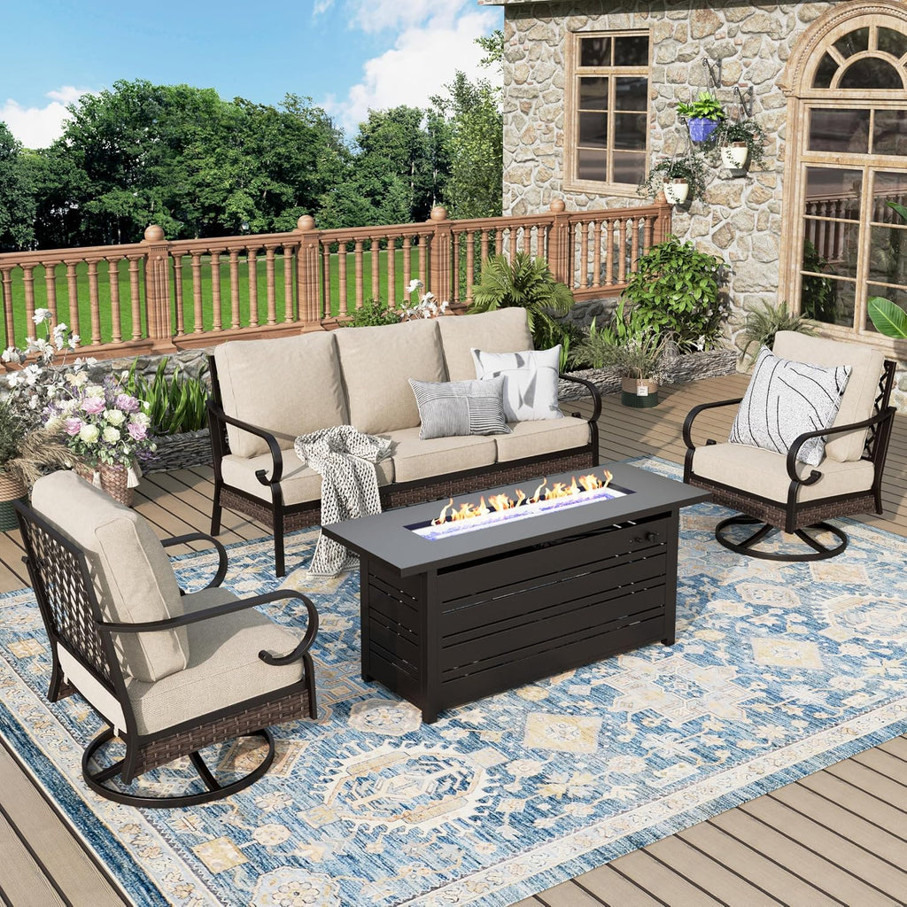 MIXPATIO Patio Furniture Set with 56'' Fire Pit Table, Black Frame Outdoor Conversation Set with 2 x Swivel Chairs, 1 x 3-Seat Sofa for Lawn Garden Backyard, Beige