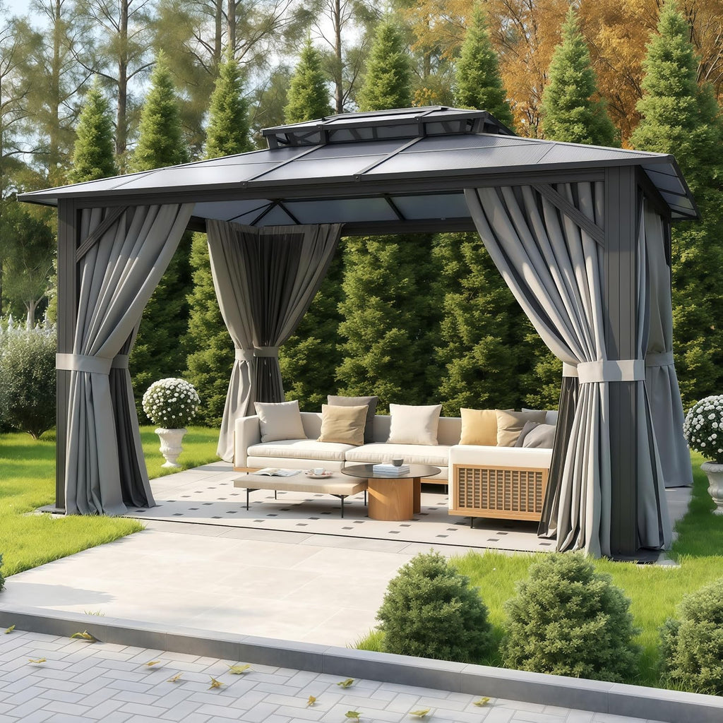 Aoxun 10'x12' Hardtop Gazebo, Aluminum Framed Outdoor Gazebo with Double Polycarbonate Roof, Durable Pavilion with Curtains & Netting for Patio, Garden, and Lawn