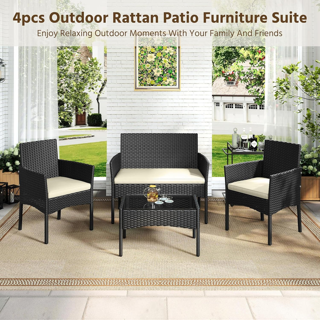 Yaheetech Patio Furniture Set 4 Pieces Conversation Sets, Rattan Chair Wicker Set Loveseat with Soft Cushion and Glass Table for Backyard Porch Garden Poolside Balcony, Black and Beige