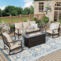 MIXPATIO Patio Furniture Set with Firepit Table, Black Frame Outdoor Conversation Set with 2 x Rocking Chairs, 1 x 3-Seat Sofa for Lawn Garden Backyard, Beige