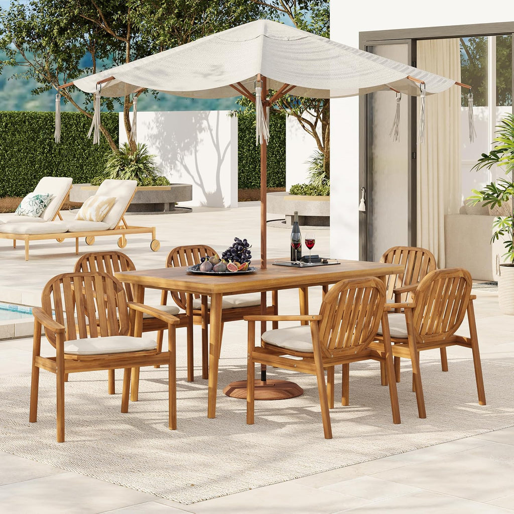 Christopher Knight Home Meja Acacia Wood Outdoor Dining Set for 6, Wooden 7 Piece Patio Dining Table Set, Wooden Outdoor Dining Armchair and Table Set with Cushion, Patio Furniture Set, Teak+Beige