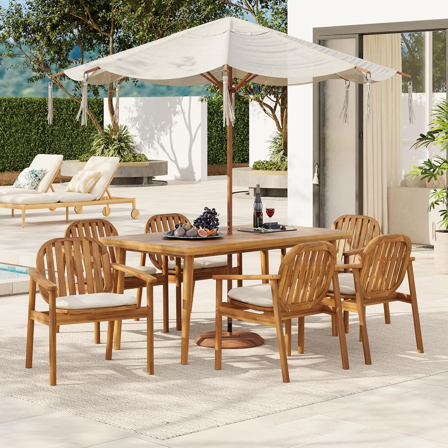 Christopher Knight Home Meja Acacia Wood Outdoor Dining Set for 6, Wooden 7 Piece Patio Dining Table Set, Wooden Outdoor Dining Armchair and Table Set with Cushion, Patio Furniture Set, Teak+Beige