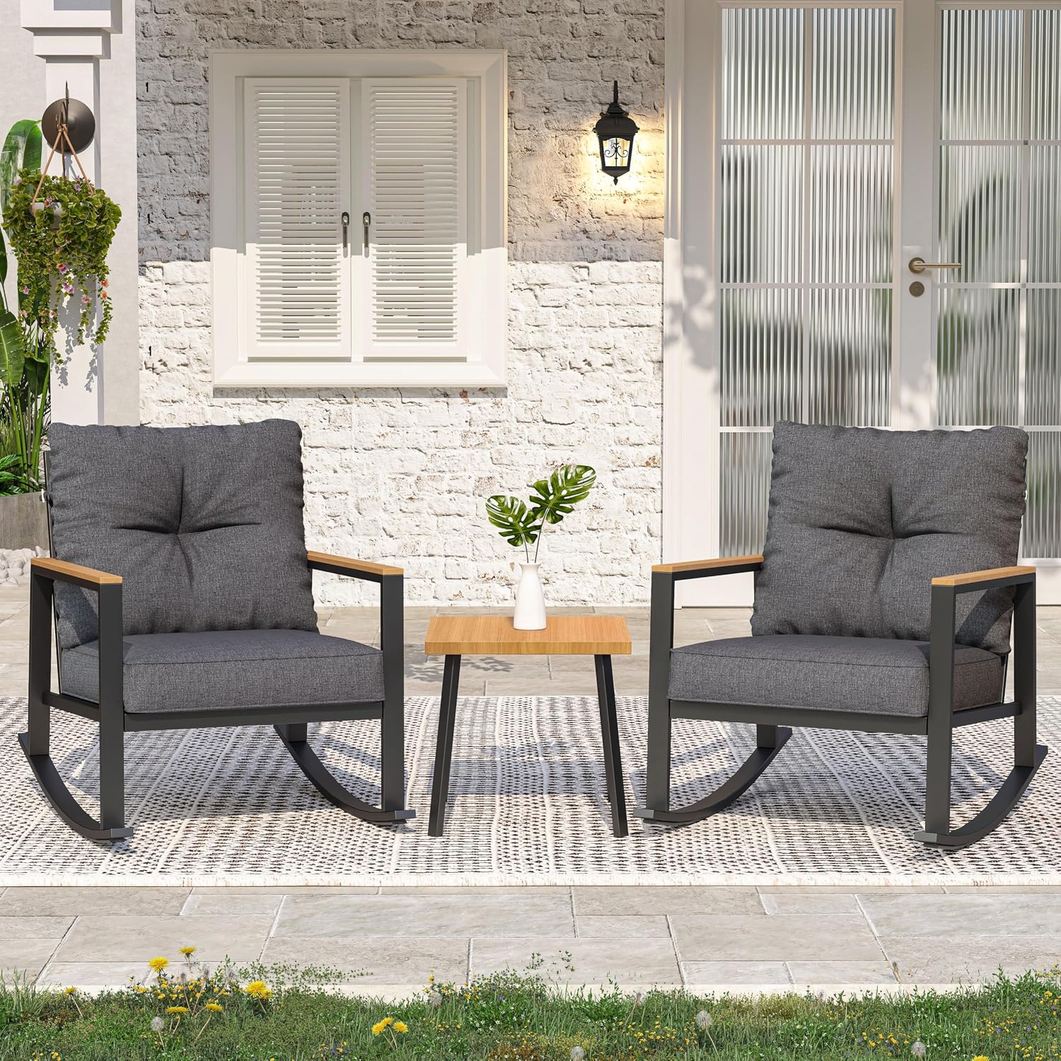 3 Pieces Rocking Bistro Set, Outdoor Patio Furniture Set with Thick Cushions and Coffee Table, Patio Conversation Sets for Garden, Balcony, Backyard, Grey