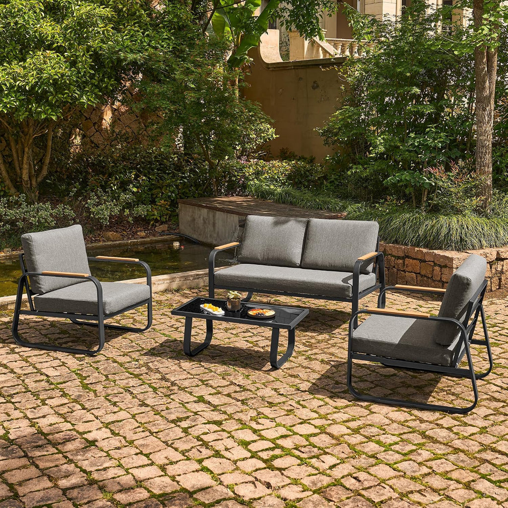 East Oak 4-Piece Patio Furniture Set, Outdoor Patio Set, 4.7inch Removable & Washable Deep Seating Cushion Outside Conversation Sets, Gray