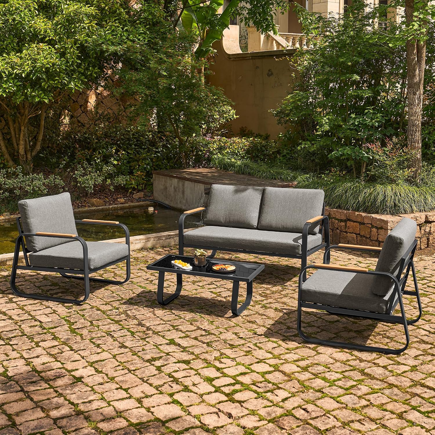 East Oak 4-Piece Patio Furniture Set, Outdoor Patio Set, 4.7inch Removable & Washable Deep Seating Cushion Outside Conversation Sets, Gray