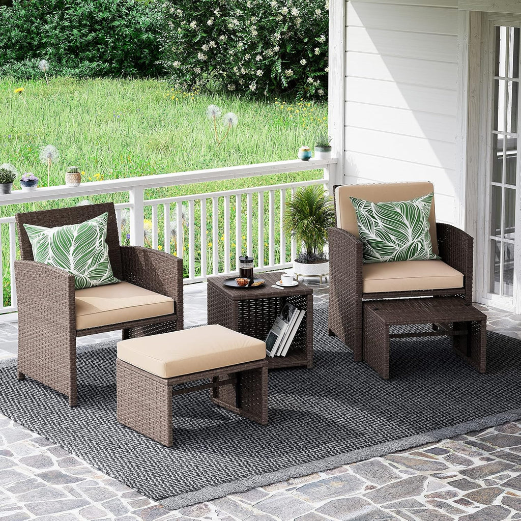 OC Orange-Casual 5 Pcs Patio Conversation Set Balcony Furniture Set with Cushions, Brown Wicker Chair with Ottoman, Storage Table for Backyard, Garden, Porch, Beige