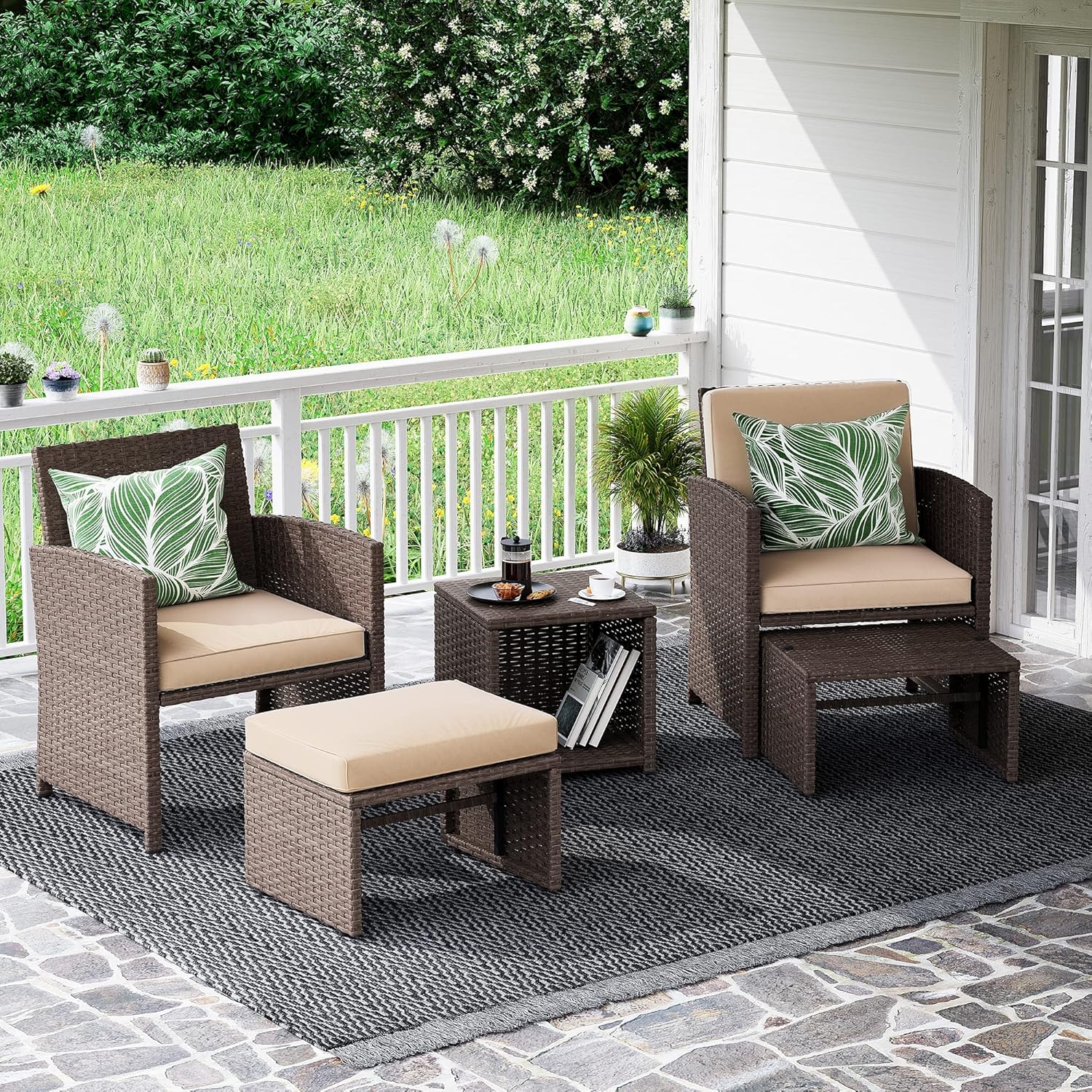OC Orange-Casual 5 Pcs Patio Conversation Set Balcony Furniture Set with Cushions, Brown Wicker Chair with Ottoman, Storage Table for Backyard, Garden, Porch, Beige