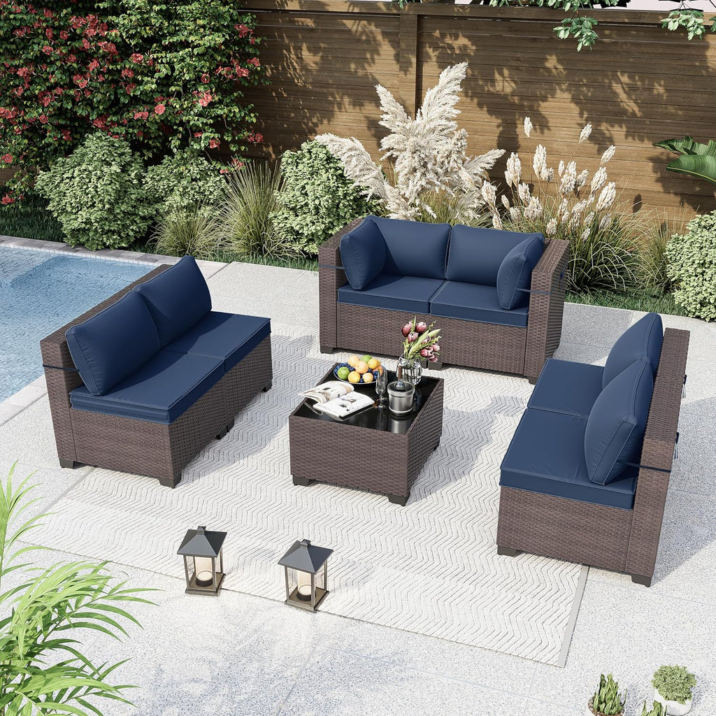 Kurapika 7 Pieces Patio Furniture Set, Rattan Wicker Outdoor Conversation Sets w/4 Inch Cushion and Glass Coffee Table(Navy Blue)