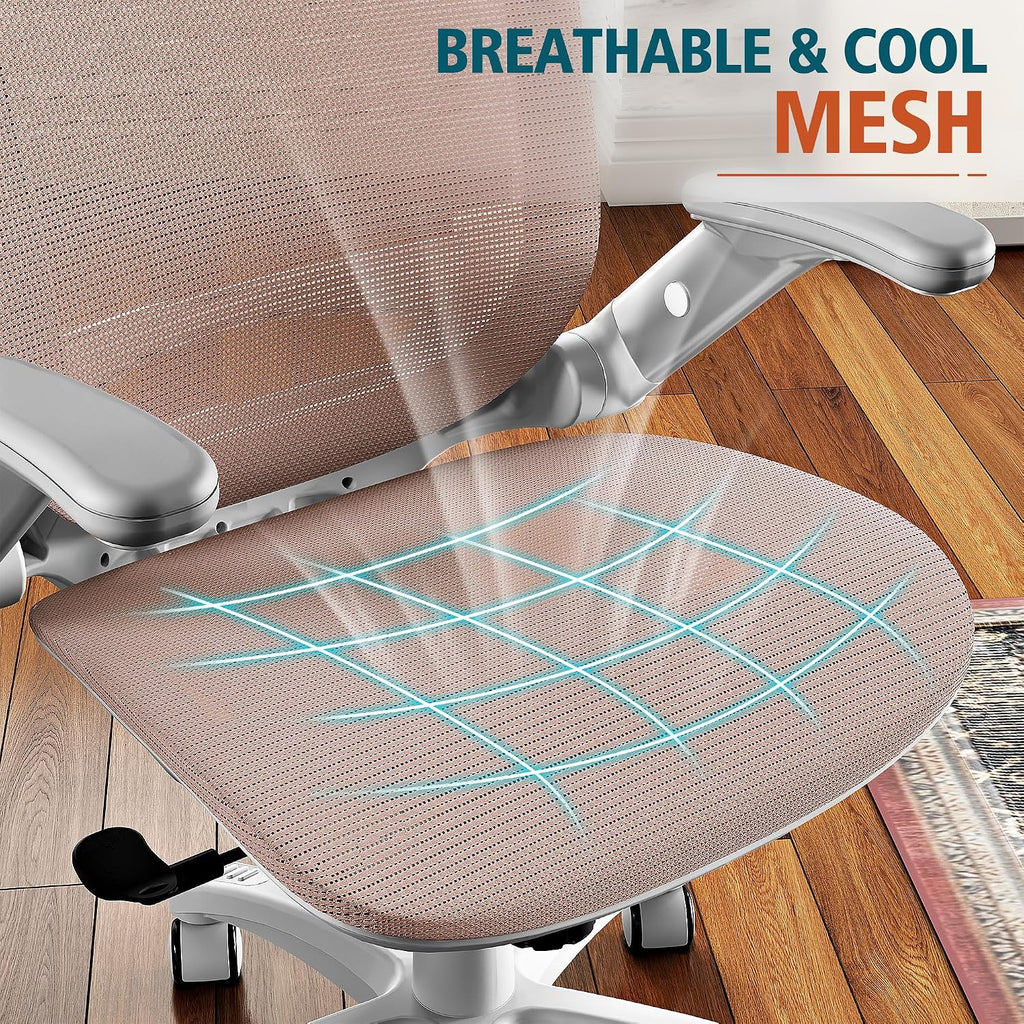 GABRYLLY Ergonomic Office Chair, High Back Home Desk Chair with Headrest, Flip-Up Arms, 90-120° Tilt Lock and Wide Cushion, 300LBS Mesh Chairs for Man Woman, White Task Chair(Pink,GY01WPK)
