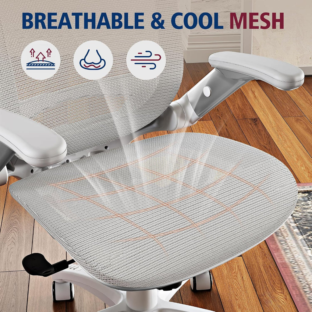 GABRYLLY Ergonomic Office Chair, High Back Home Desk Chair with Headrest, Flip-Up Arms, 90-120° Tilt Lock and Wide Cushion, 300LBS Mesh Chairs for Man Woman, White Task Chair(Grey,GY01WG)