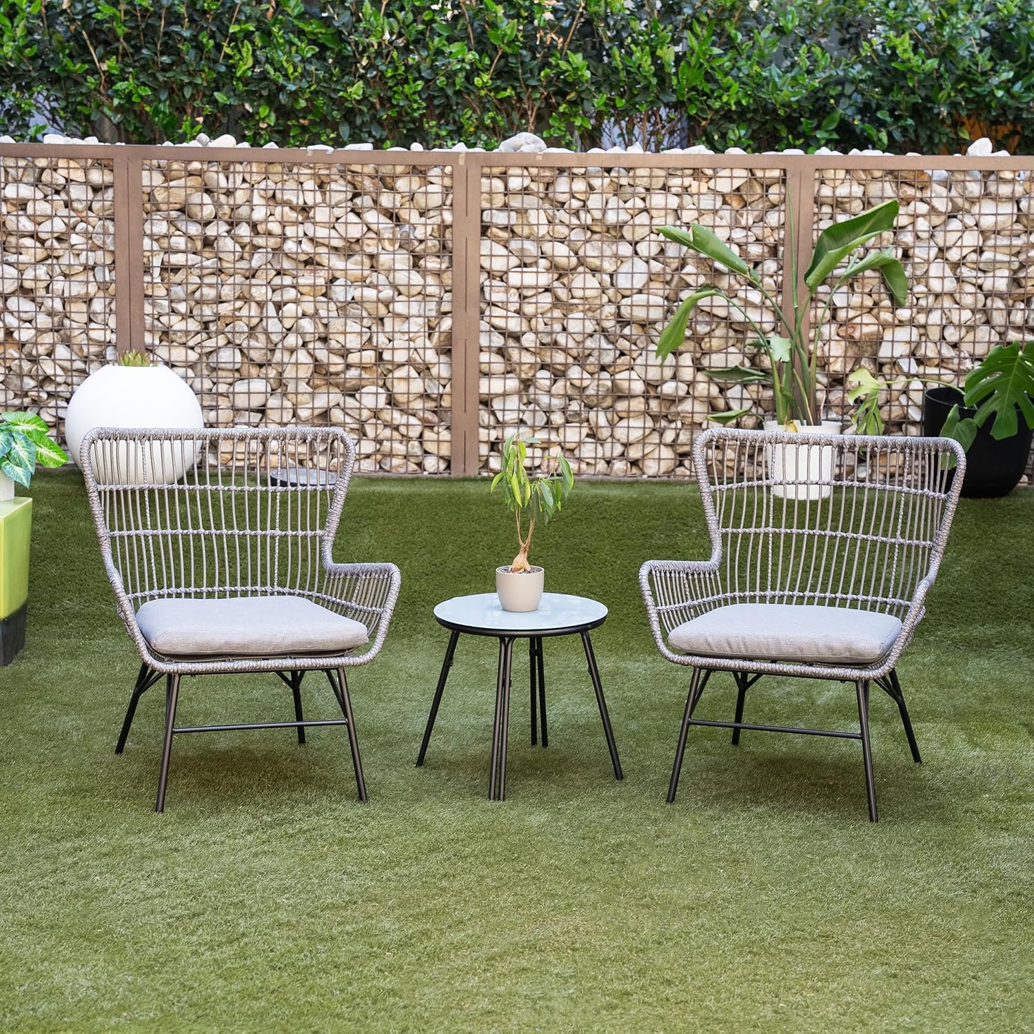 Alpine Corporation Patio Furniture 3 Pieces Outdoor Resin Wicker Conversation with Cushions Bistro Set for Patio & Deck, Gray