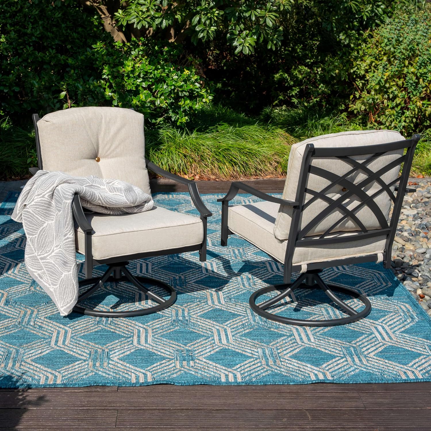 NUU GARDEN 2-Piece Swivel Patio Chairs with Olefin Cushions, Wide-Seat High-Back Outdoor Single Sofa Chairs, Powder-Coated Metal Patio Furniture Set for Garden, Porch, Lawn, Poolside, Black and Gray