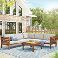 4 Piece Outdoor Patio Furniture Set, Acacia Wood Sectional Sofa w/Seat Beige Cushions, Patio Sectional Conversation Seat with Coffee Table and Strong Metal Accessories