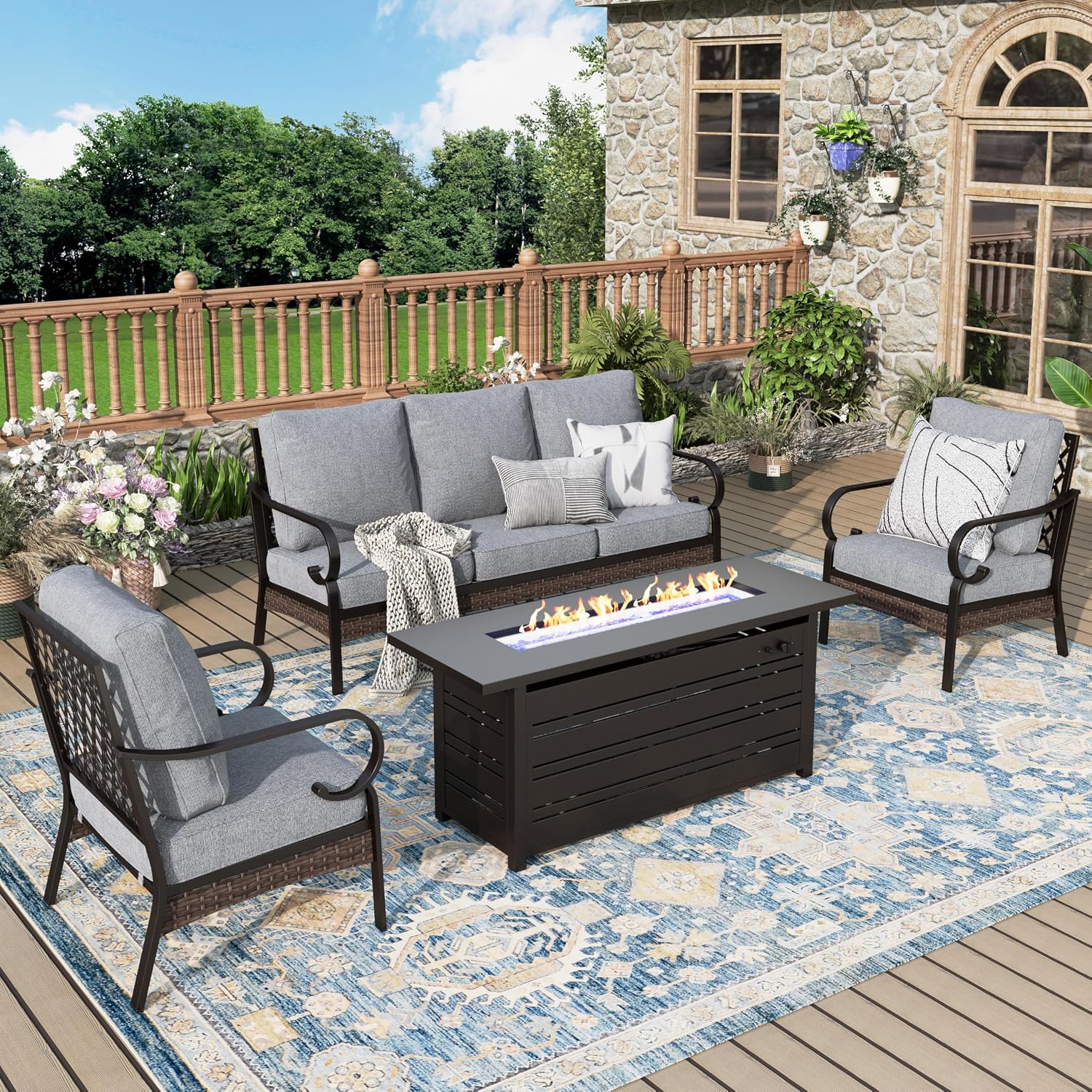 MIXPATIO Patio Furniture Set with Fire Pit Table, 4 PCS Metal Outdoor Conversation Set with 5.75'' Extra Thick Cushion, 2 Chairs, 3-Seat Sofa and Gas Fire Pit Table, Grey
