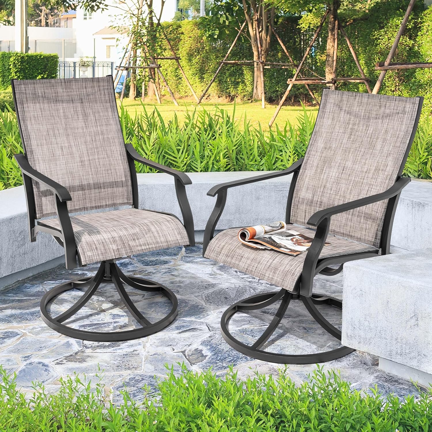 NUU GARDEN Swivel Patio Chair Set of 2, All-Weather Textilene Outdoor Dining Chairs with High Back, Outdoor Dining Chair Set for Lawn Porch Balcony Outside, Grayish Brown