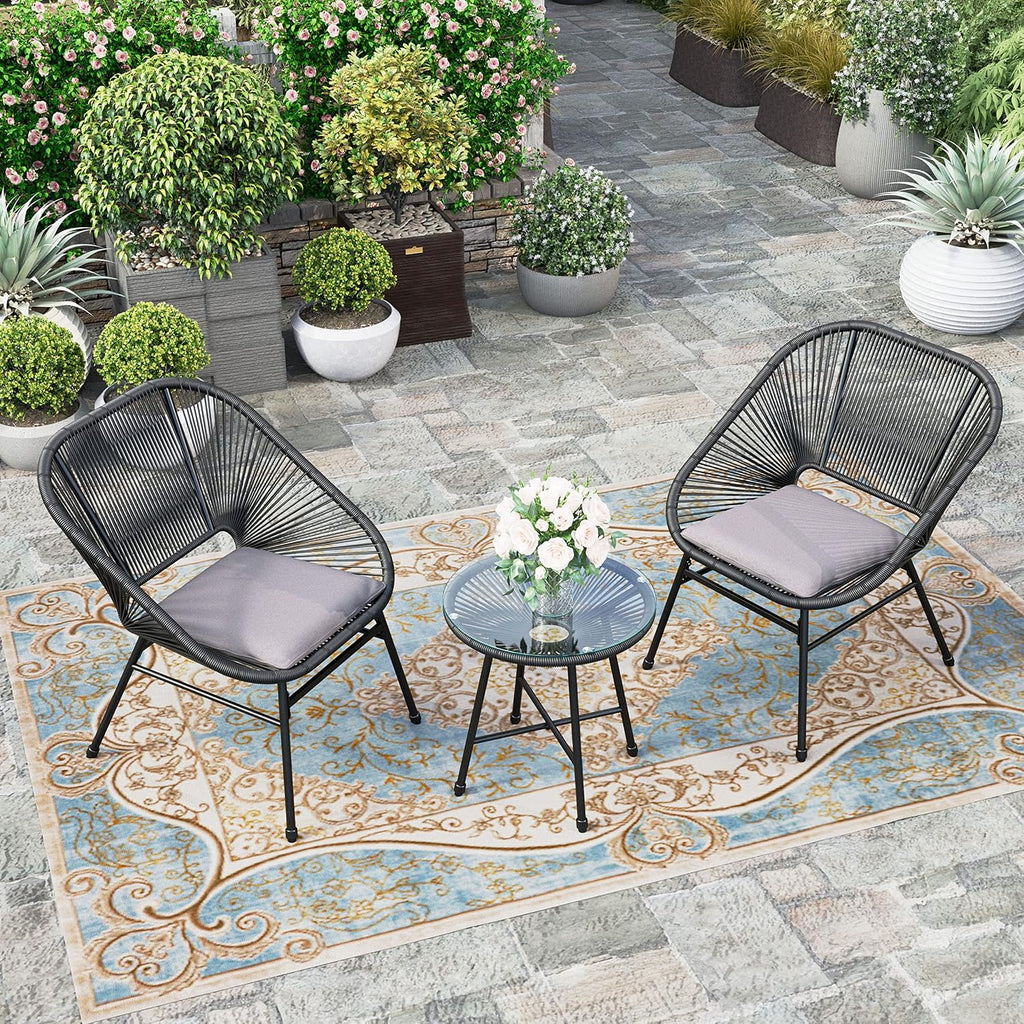 HERA'S HOUSE 3-Piece Patio Furniture Set, Outdoor Wicker Conversation Set w/ 2 Handwoven Cushioned Chairs, Side Coffee Table for Backyard Lawn Porch Poolside Balcony