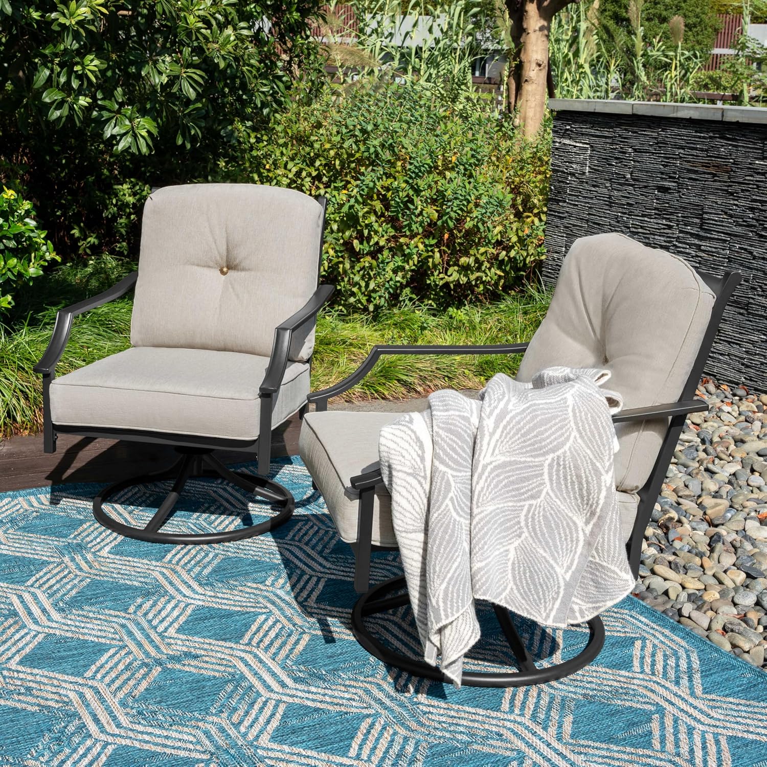 NUU GARDEN 2-Piece Swivel Patio Sofa Set, Wide Seat Metal Rocking Chairs with Thick Olefin Cushions, All-Weather Outdoor Seating for Deck, Porch, Black and Gray
