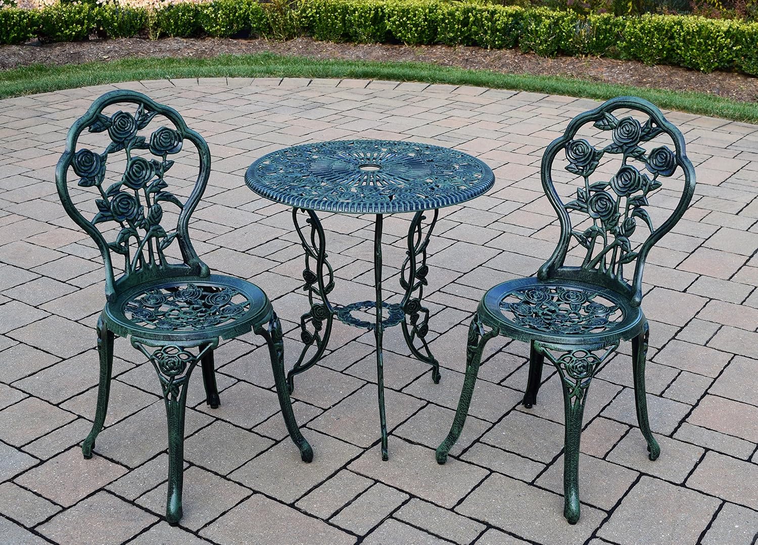 Oakland Living Cast Aluminum Conversation Set Metal Antique Green 3 Piece Patio Rose Bistro Set