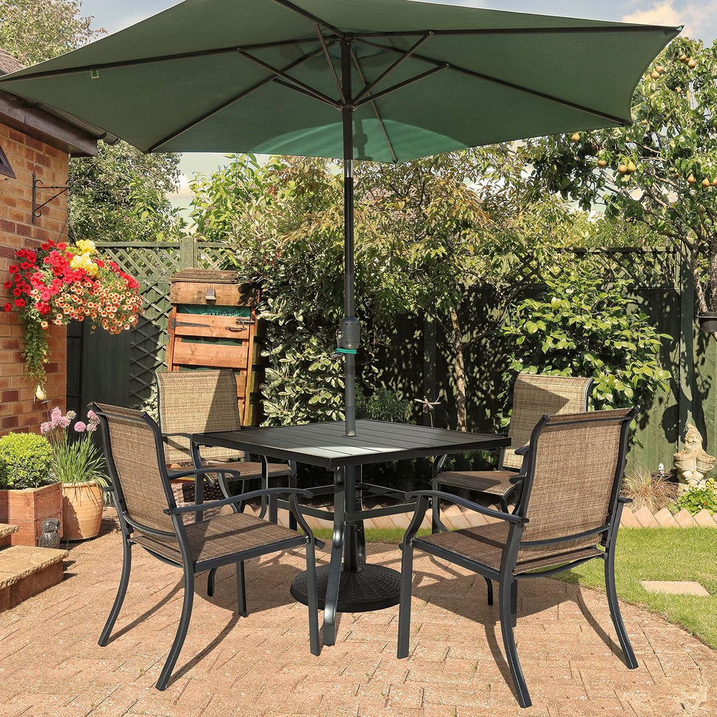 NUU GARDEN 5 Piece Outdoor Dining Set Patio Table and Chairs Set, 4 Textilene Dining Chairs and 1 Iron Patio Table with Umbrella Hole for Garden Patio Backyard, Black and Brown